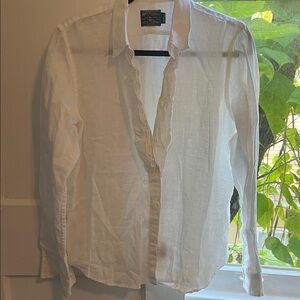 American Living Women's White Ruffle Button Down Shirt